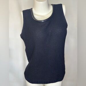 Vintage St John Sport Wool Blend Leather Trim Black Knit Sweater Vest Size M